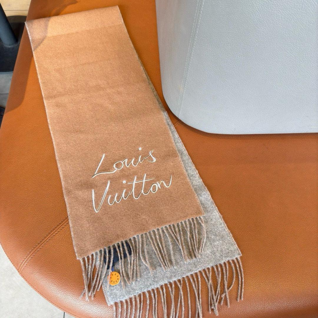 LV Reversible Scarf 180cm Light Brown Gray Sheep Wool 978752