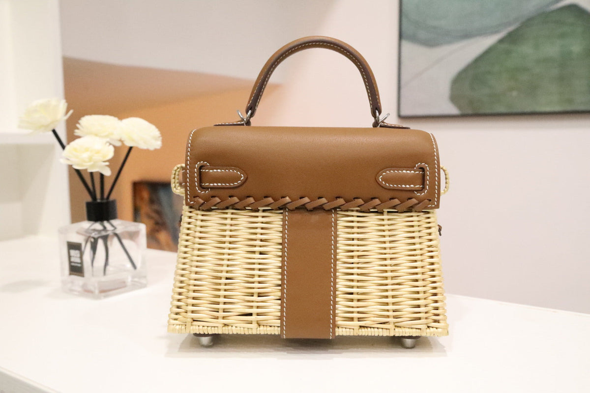 High-end Hermes 2026 Kelly Picnic Bag 20cm Golden Brown Leather/Woven Rattan