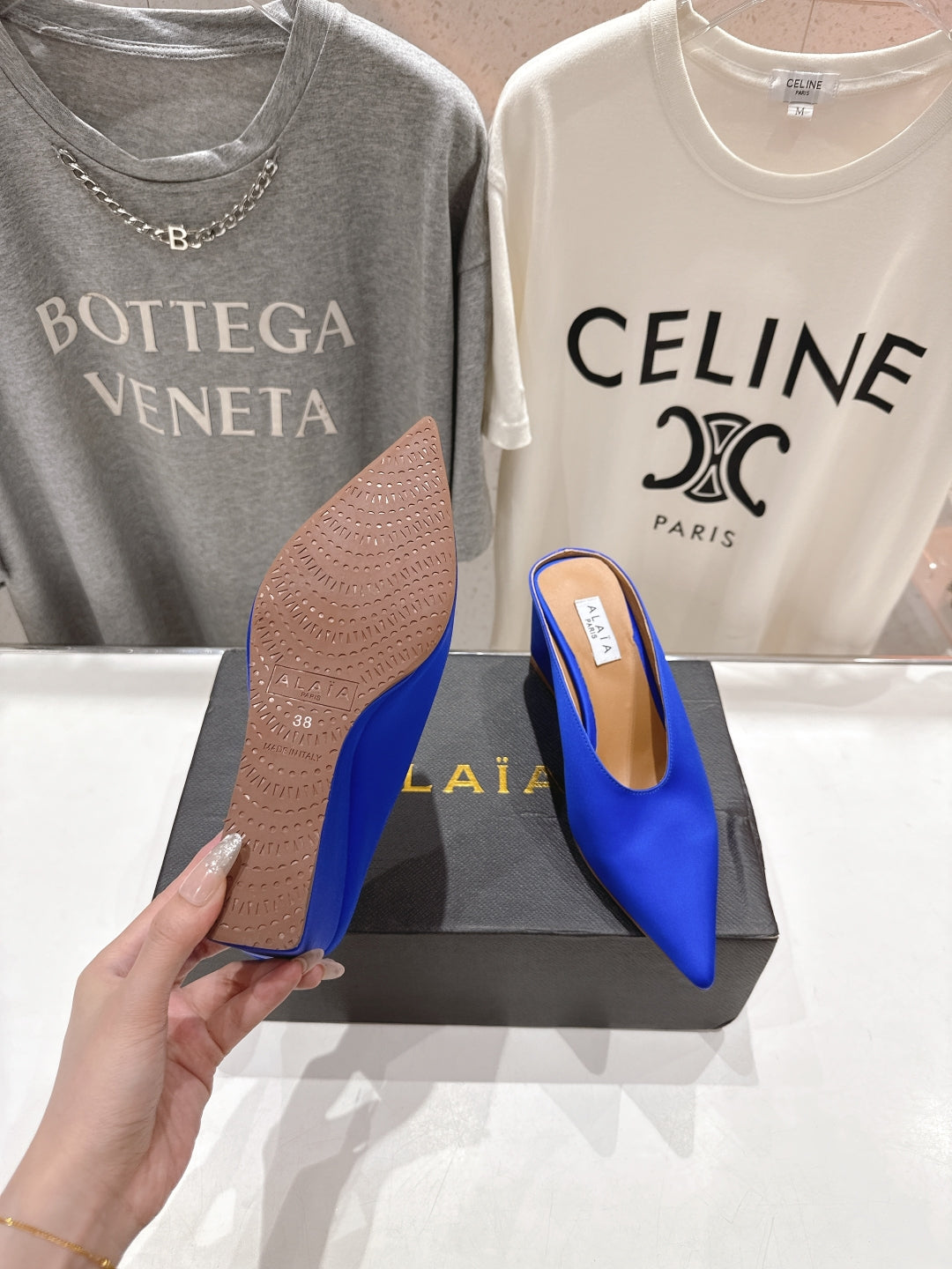 Alaia 25 Cube Wedge Mules Blue Silk Sheepskin 300081