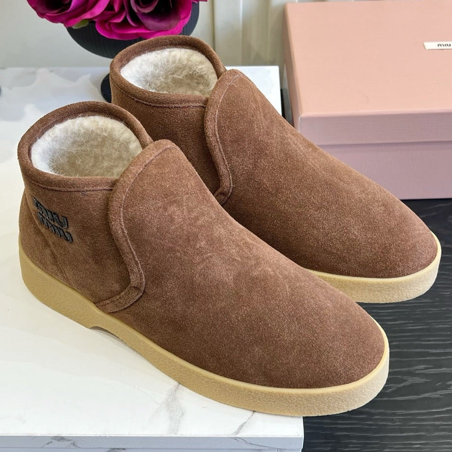 Miu Miu 2026 Slip-On Wool Ankle Boots Brown Suede 977049