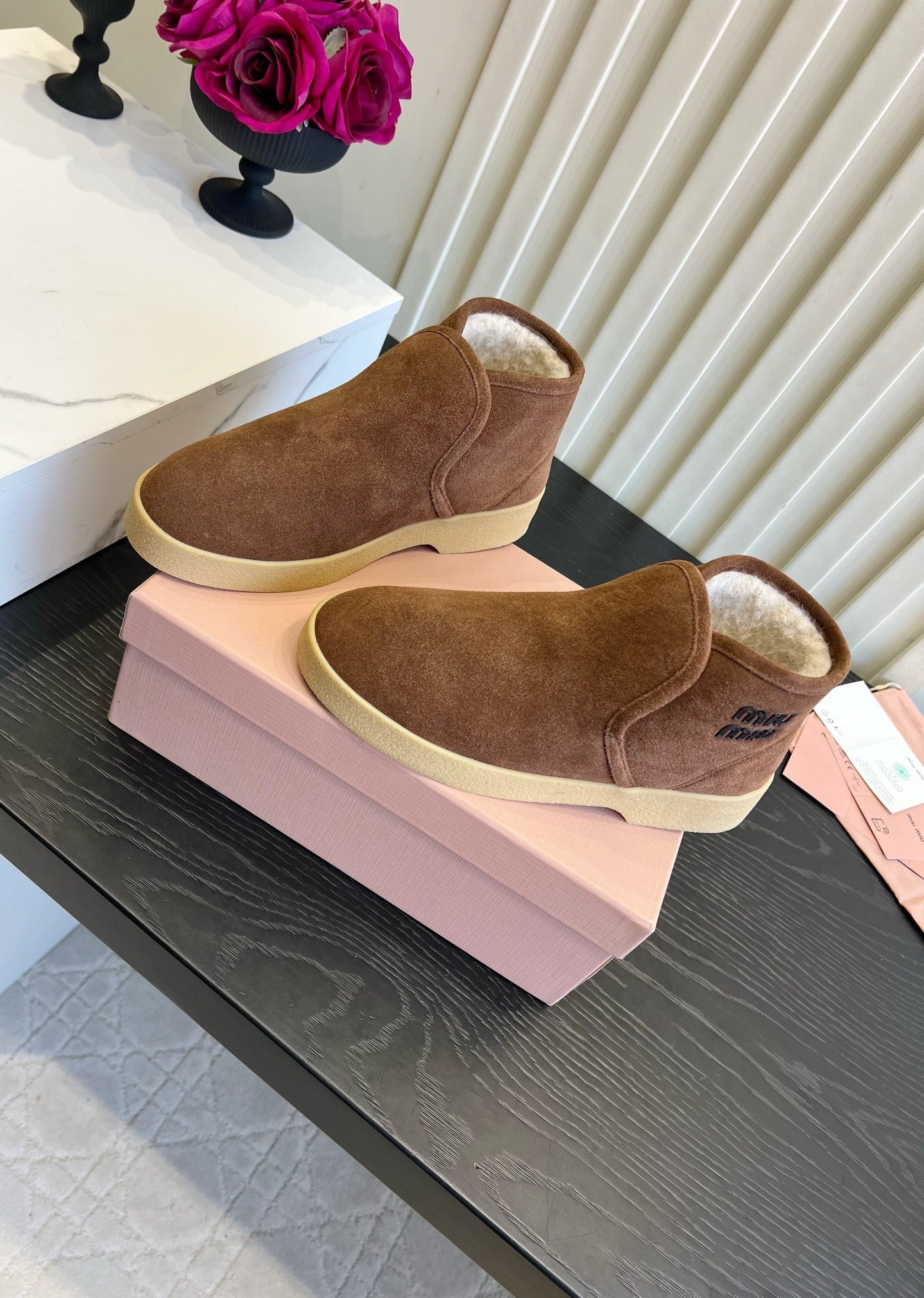 Miu Miu 2026 Slip-On Wool Ankle Boots Brown Suede 977049