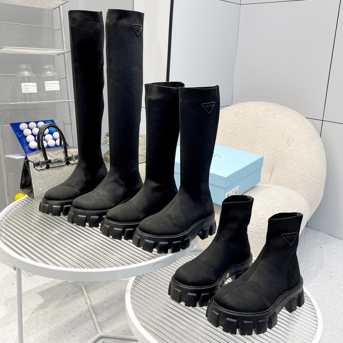 Prada 2026 Monolith Sock Boots 55mm Black Fabric 148340