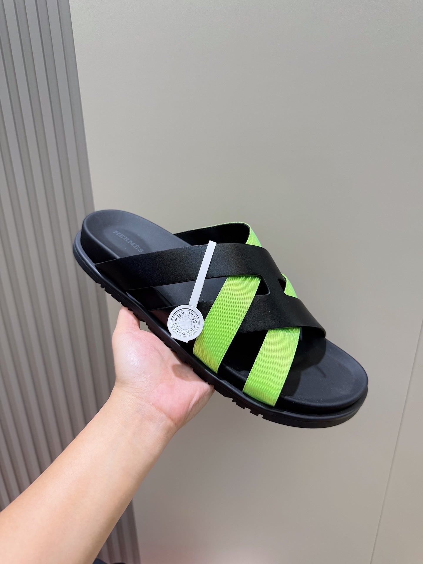 HM Men's Kazimir Slide Black Green Calfskin 562770