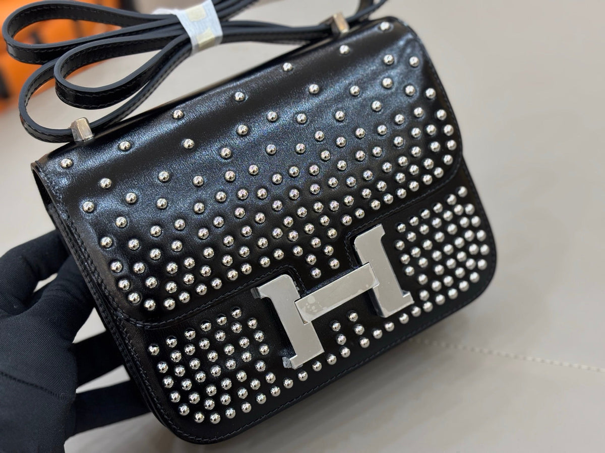 High-end Hermes 2026 Constance 18 Clouté Bag Black Box Leather