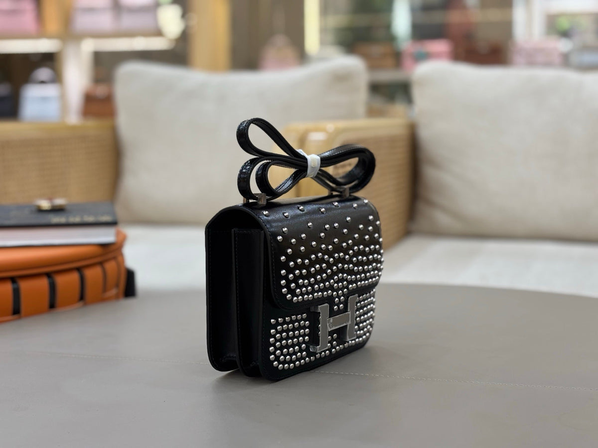 High-end Hermes 2026 Constance 18 Clouté Bag Black Box Leather