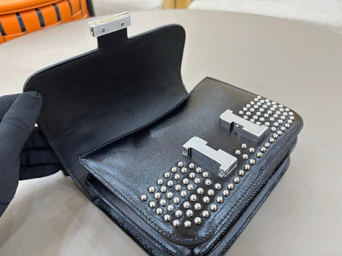 High-end Hermes 2026 Constance 18 Clouté Bag Black Box Leather