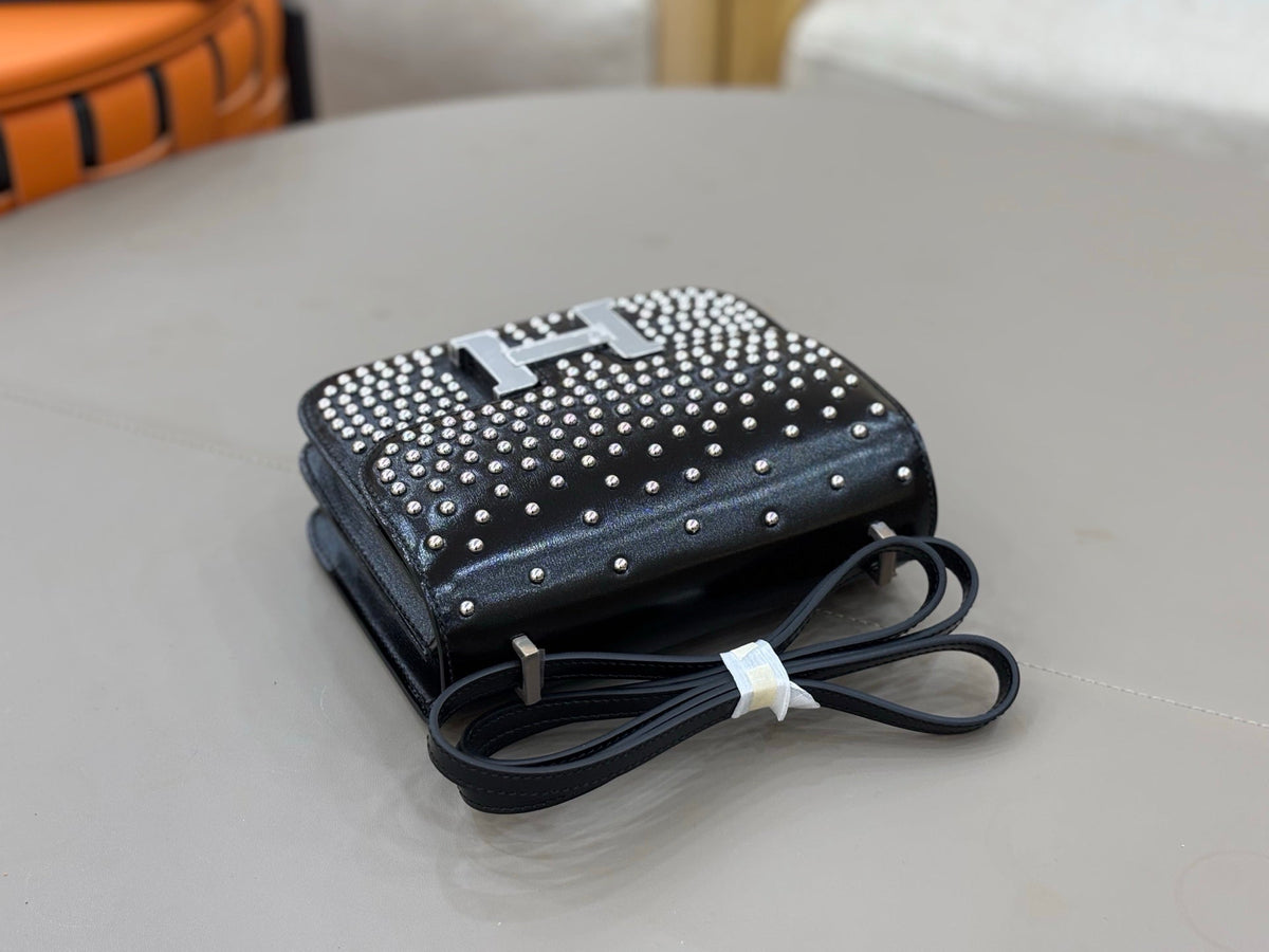 High-end Hermes 2026 Constance 18 Clouté Bag Black Box Leather