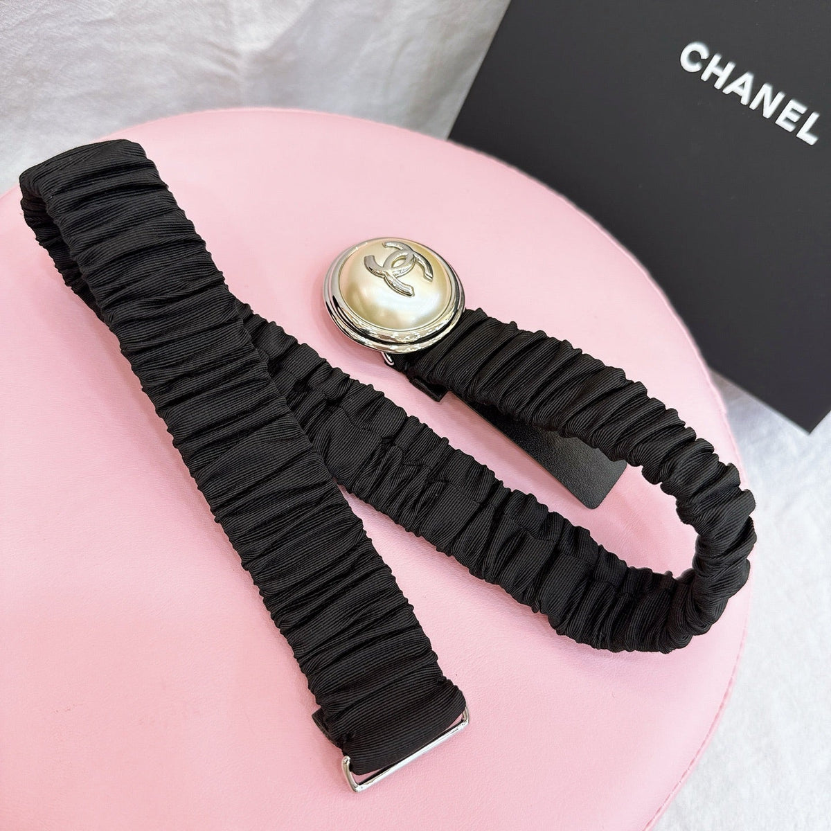 CC Elastic Waist Belt 3.0CM Black Canvas Gold Buckle 196837