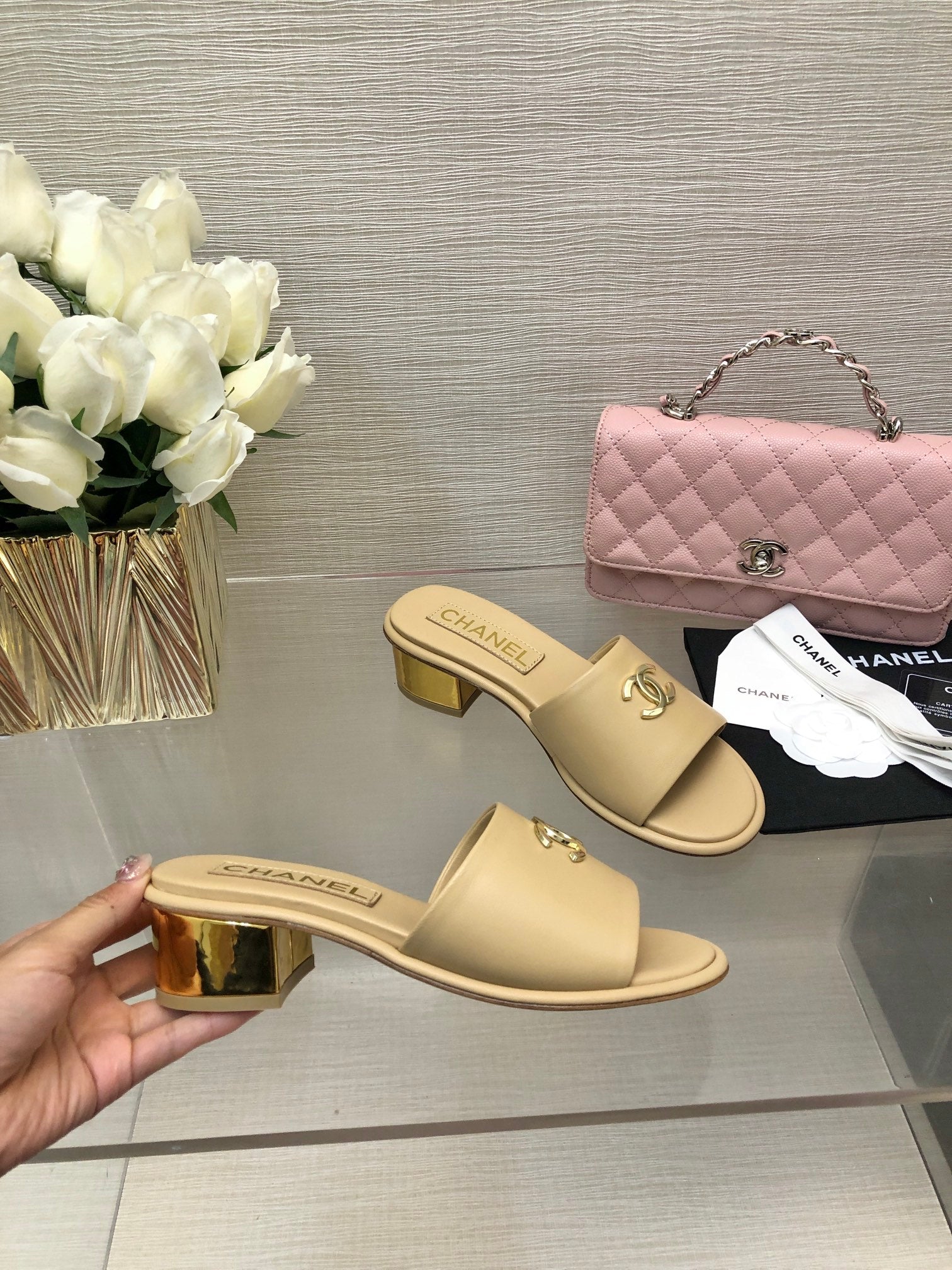 CC 25C Mid Heel Mule Cream Genuine Calfskin 212955