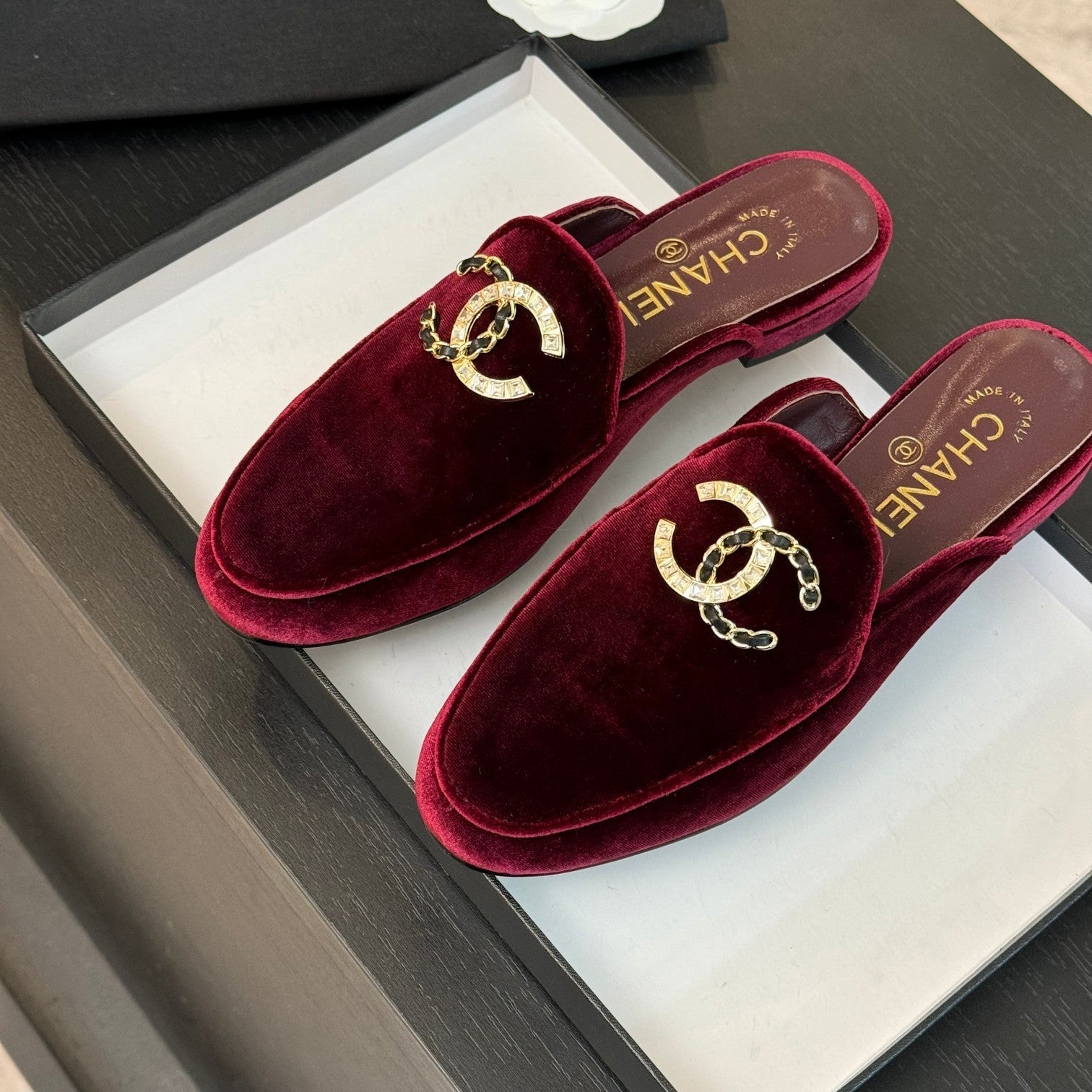 CC Mule Dark Red Velvet Double C Diamond