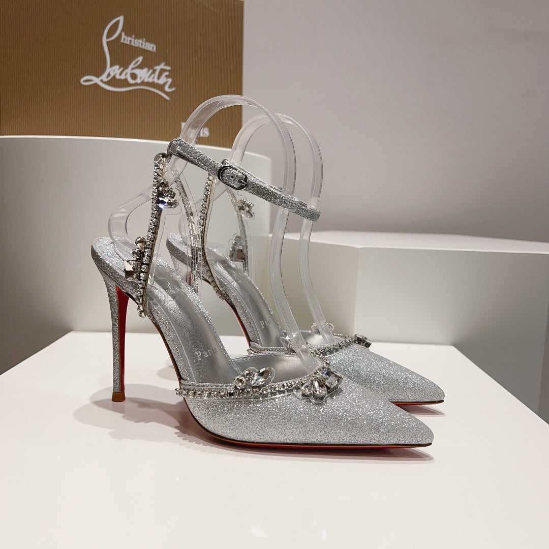 CL Marykate Queen 100MM Pumps Crystal-Embellished Glitter Silver