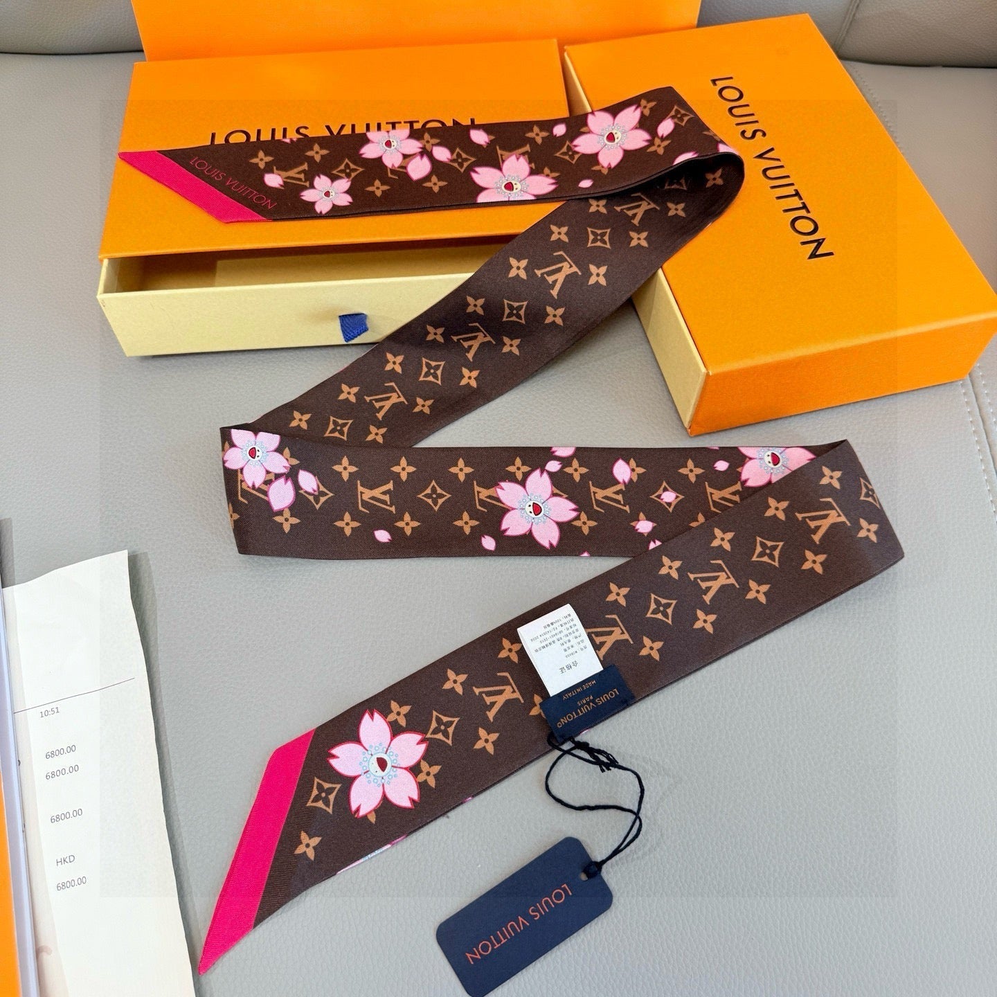 LV Twilly Scarf 120cm Brown Colorful Silk 965655