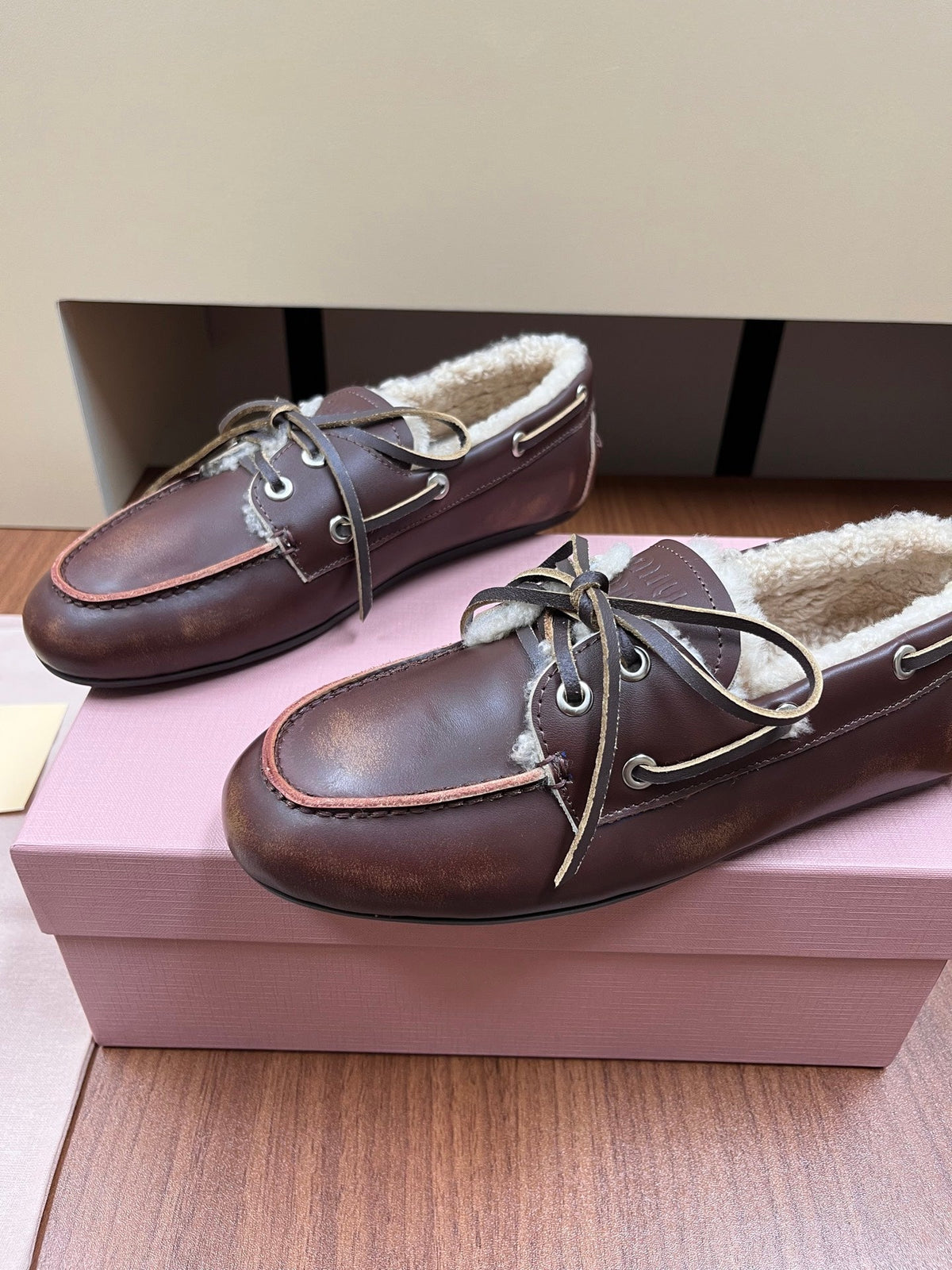 Miu Miu 2026 Boat Loafers Leather Suede Wool 157103