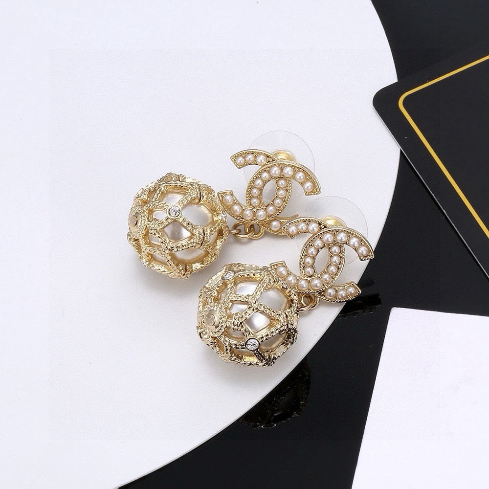 CC Double C Gold Diamond Pearl Earrings