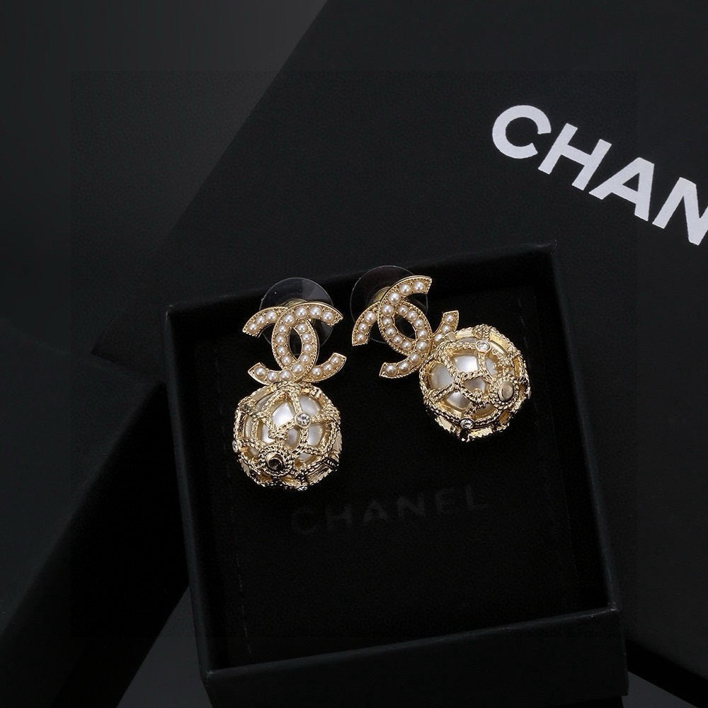 CC Double C Gold Diamond Pearl Earrings