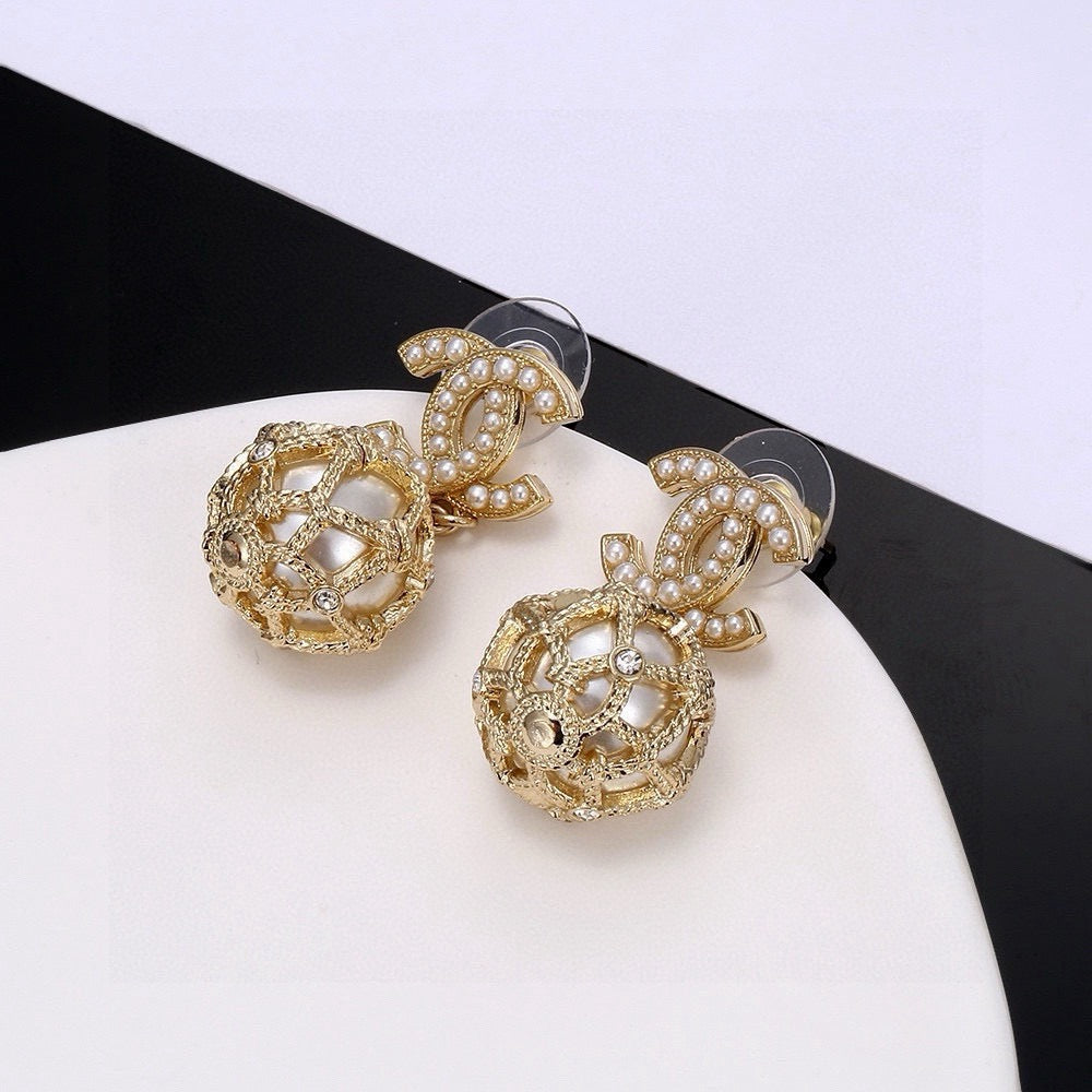 CC Double C Gold Diamond Pearl Earrings