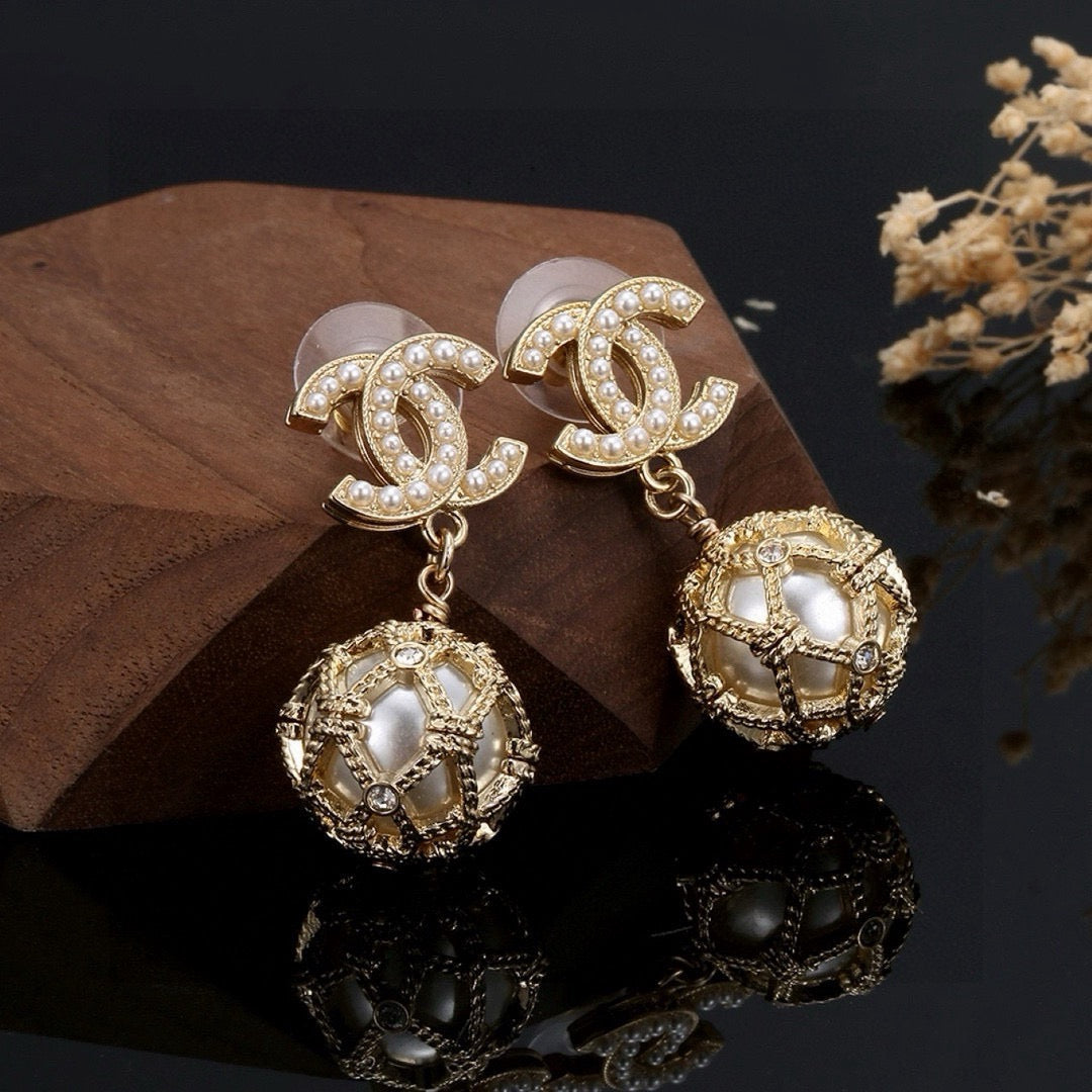 CC Double C Gold Diamond Pearl Earrings