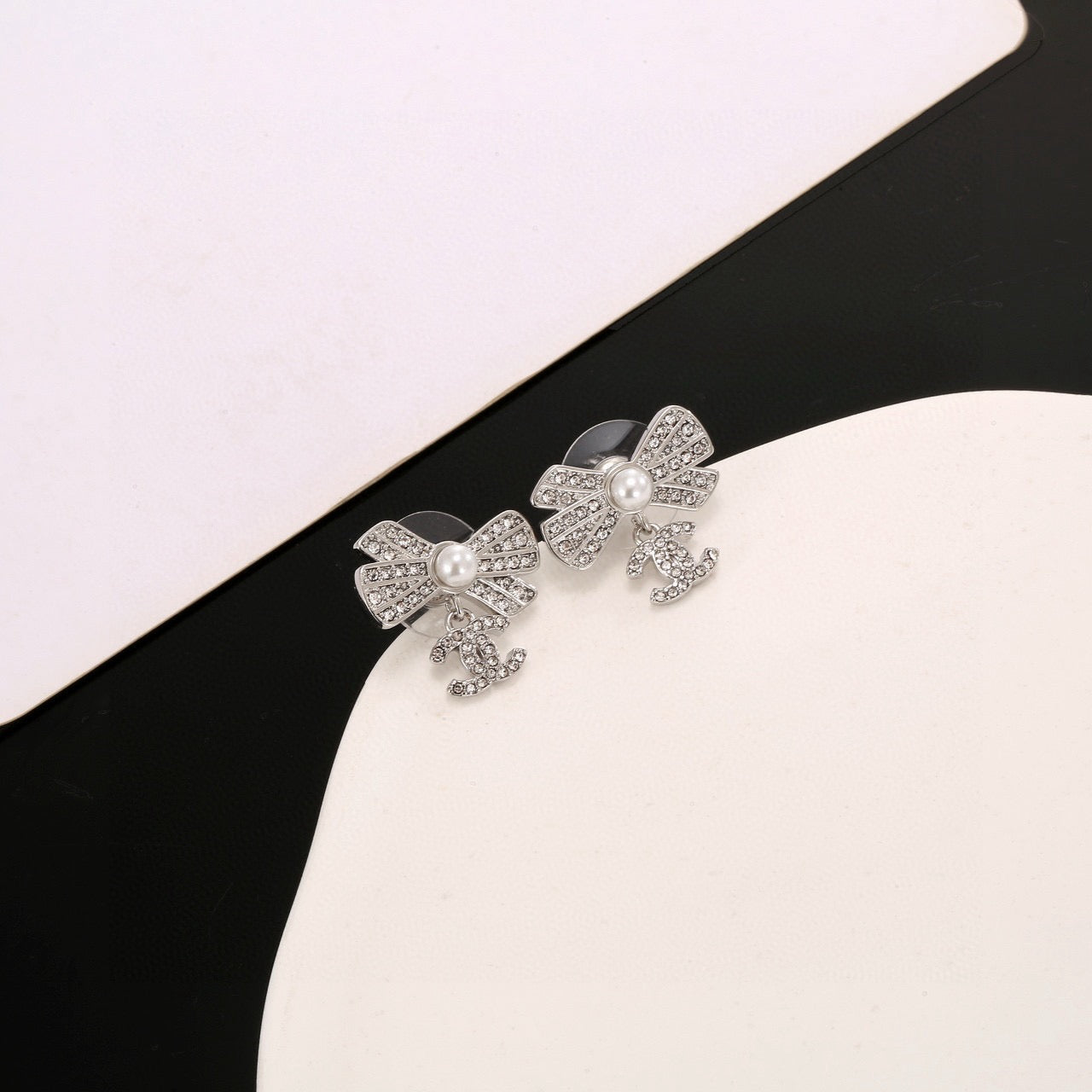 CC Double C Bow Sliver Diamond Pearl Earrings