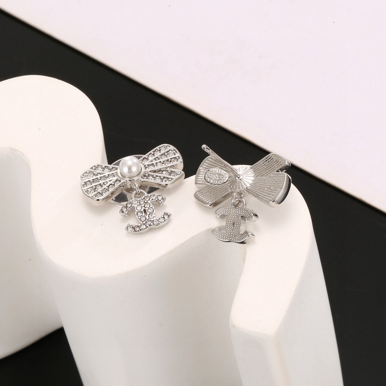 CC Double C Bow Sliver Diamond Pearl Earrings