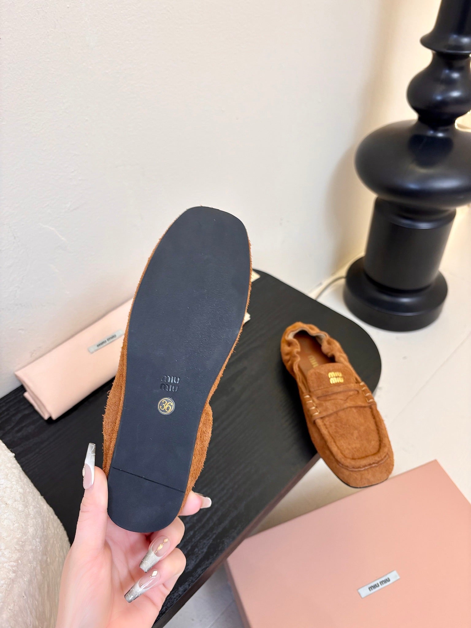 Miu 25C Ruches nappa Loafers Copper Brown Suede 235807