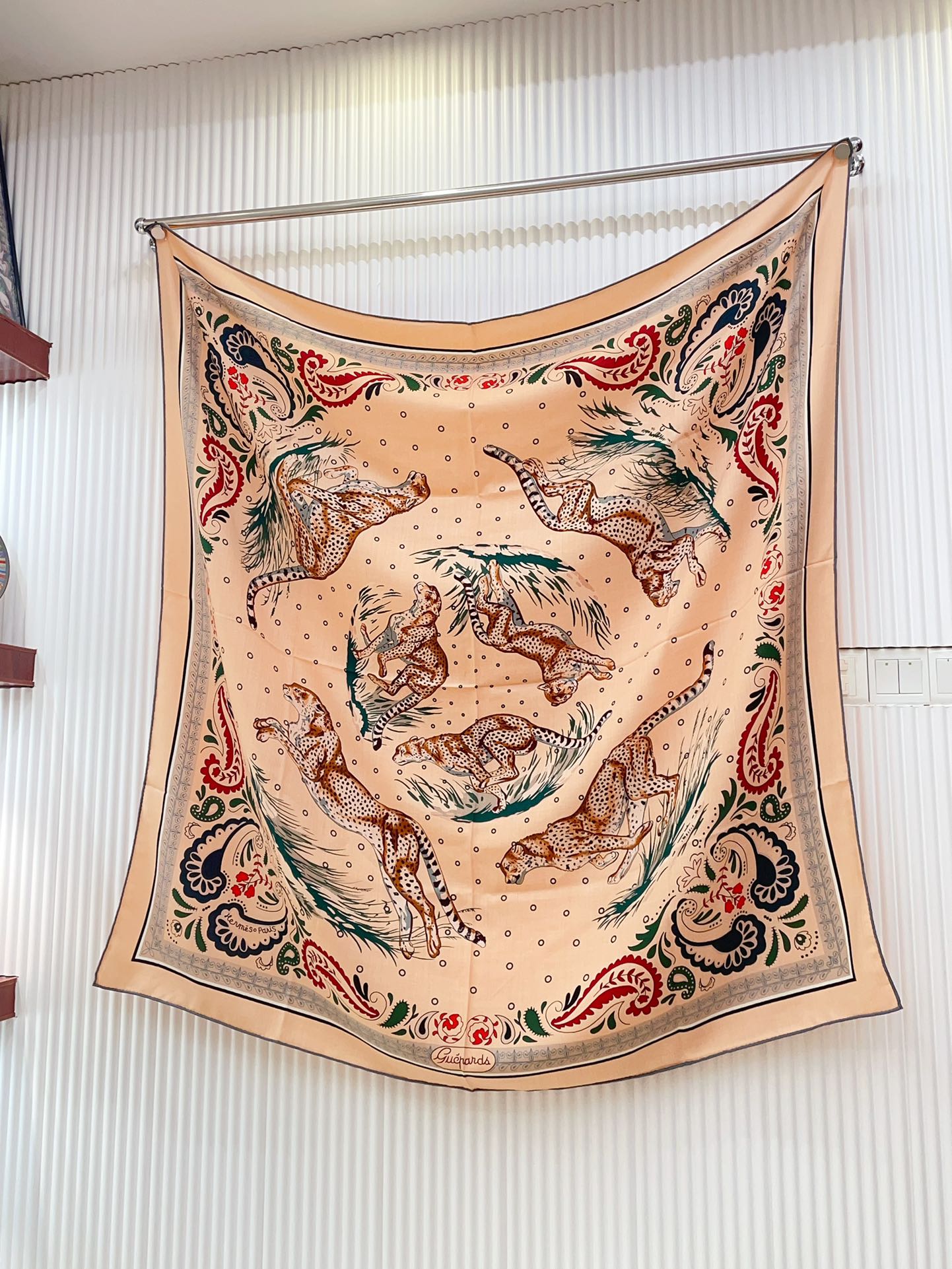 Guepards Bandana Double Face Scarf 140 CM In Beige Mix Orange Colorful Cashmere And Silk 334189