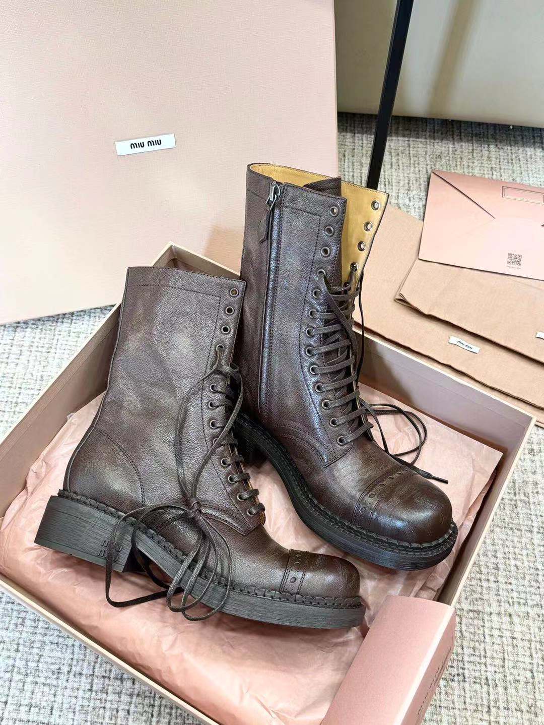 Miu Cocoa Brown Leather Lace-Up Boots