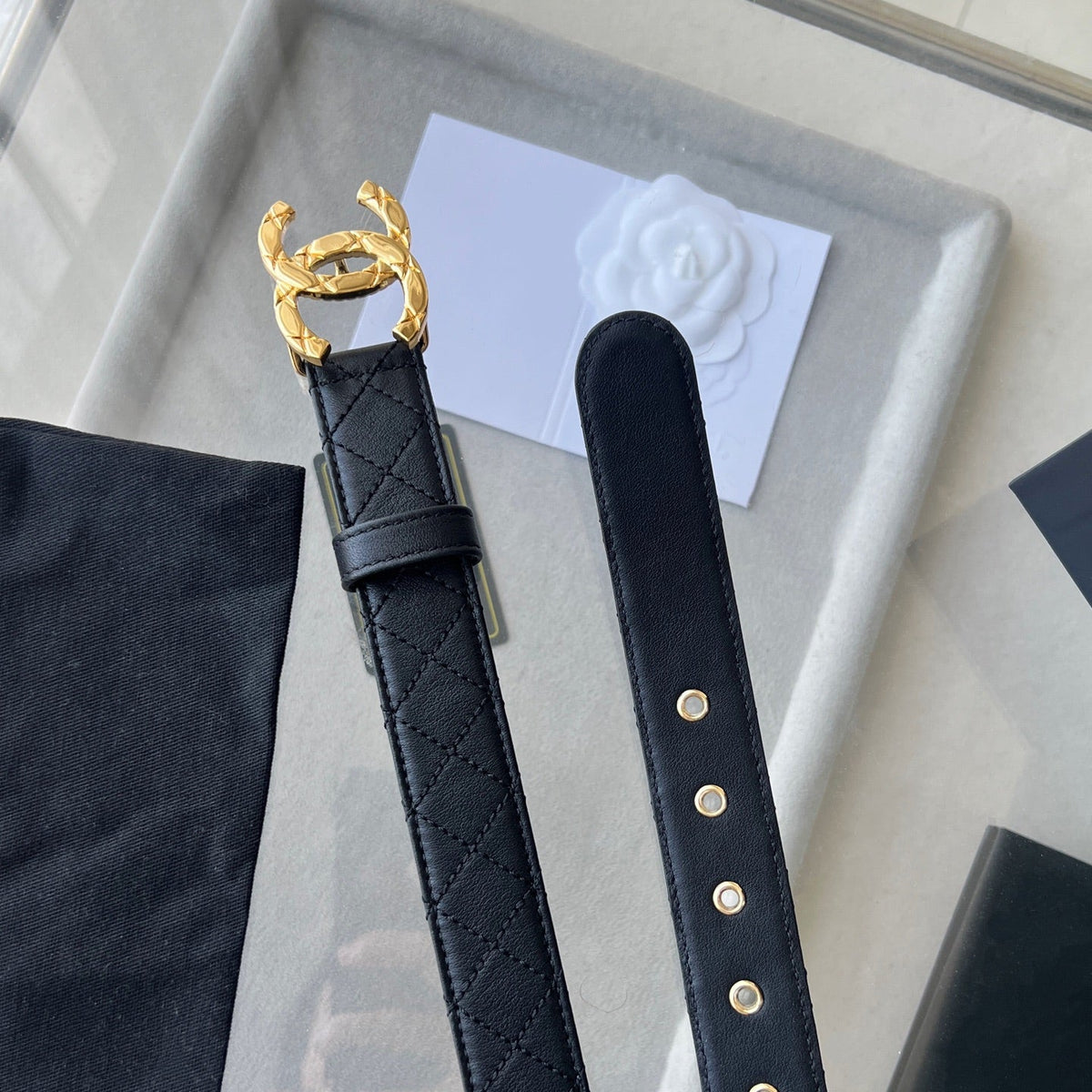 CC Women's Belt 3.0CM Black Cowhide Gold Buckle 616605