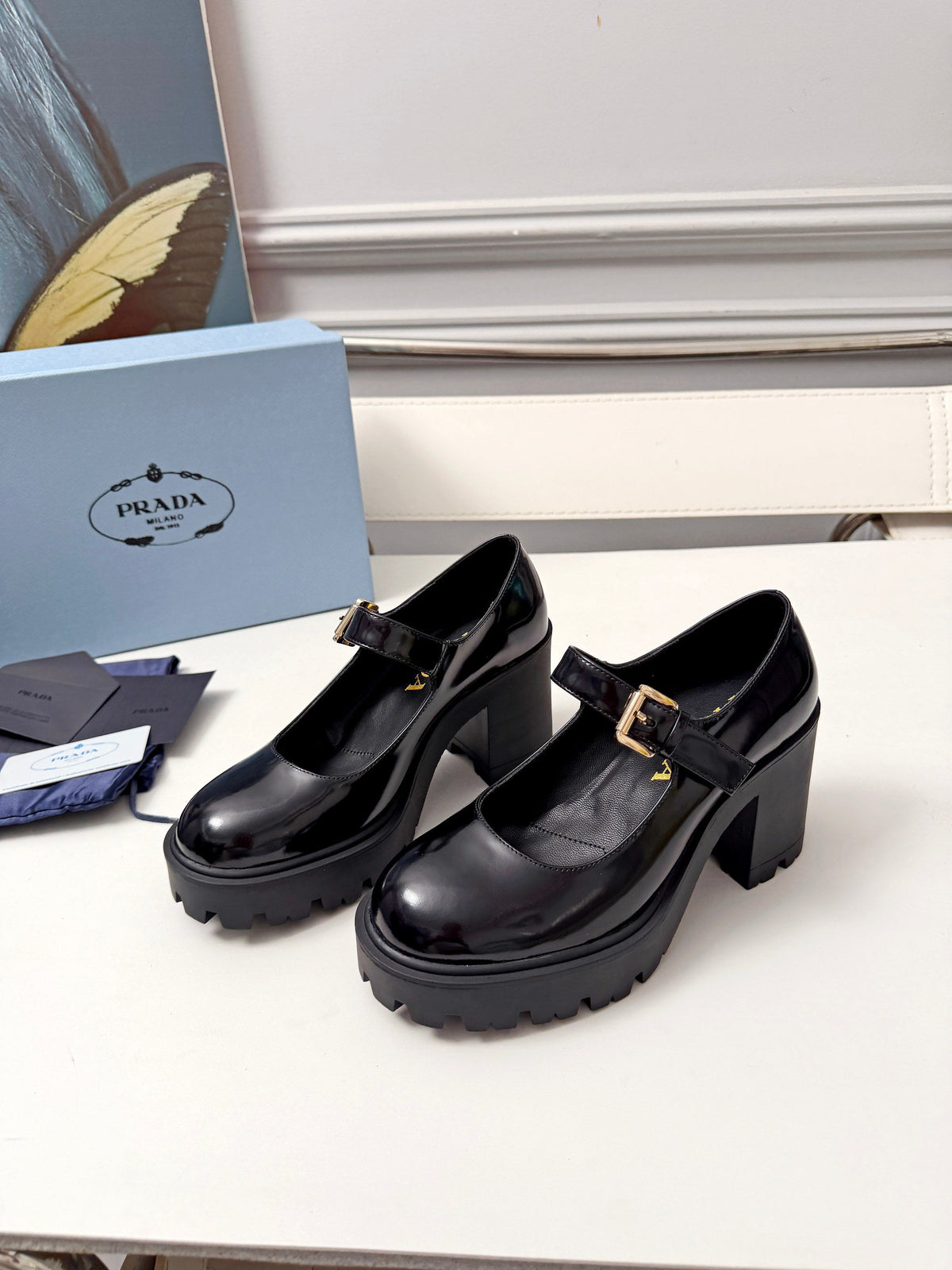 Prada 2026 Chunky Block Heel Loafers 85mm Patent Leather 148918