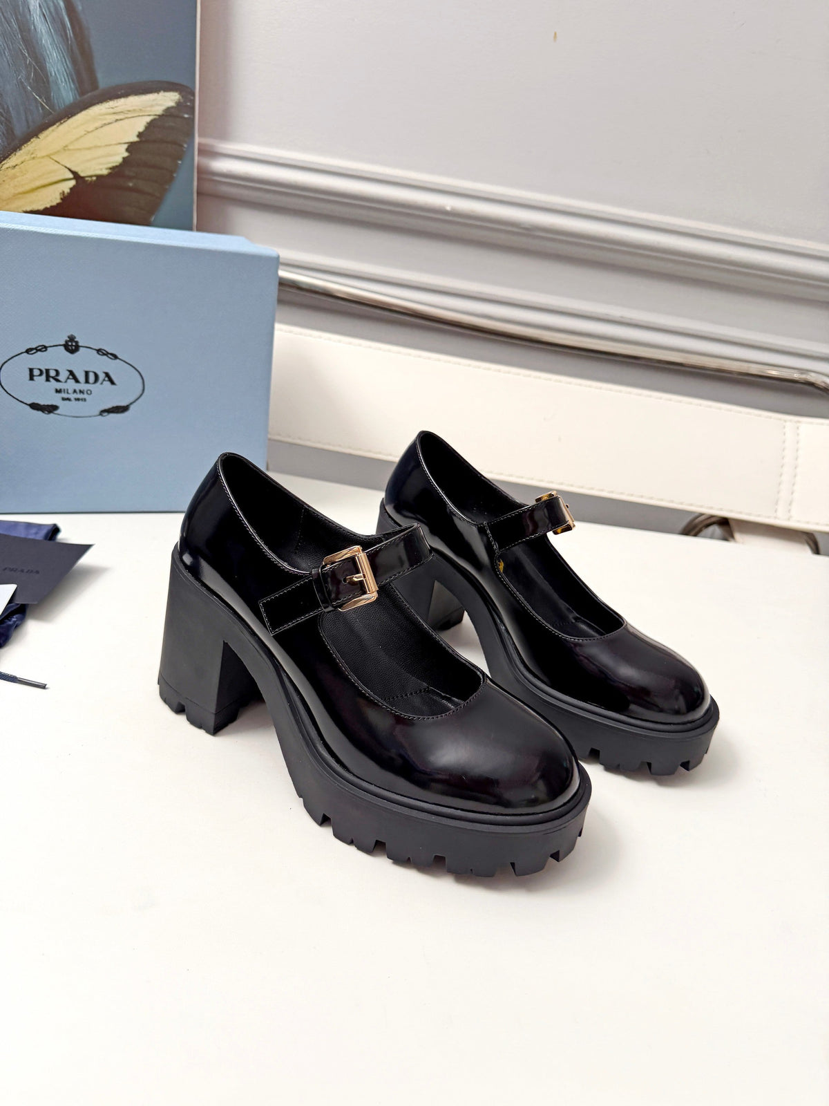 Prada 2026 Chunky Block Heel Loafers 85mm Patent Leather 148918