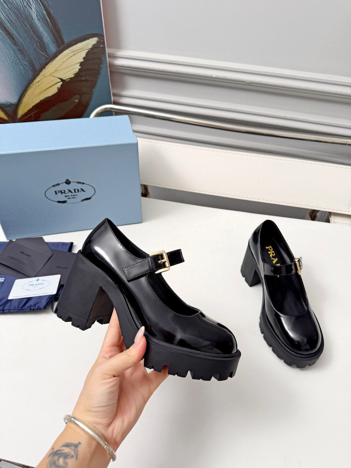 Prada 2026 Chunky Block Heel Loafers 85mm Patent Leather 148918