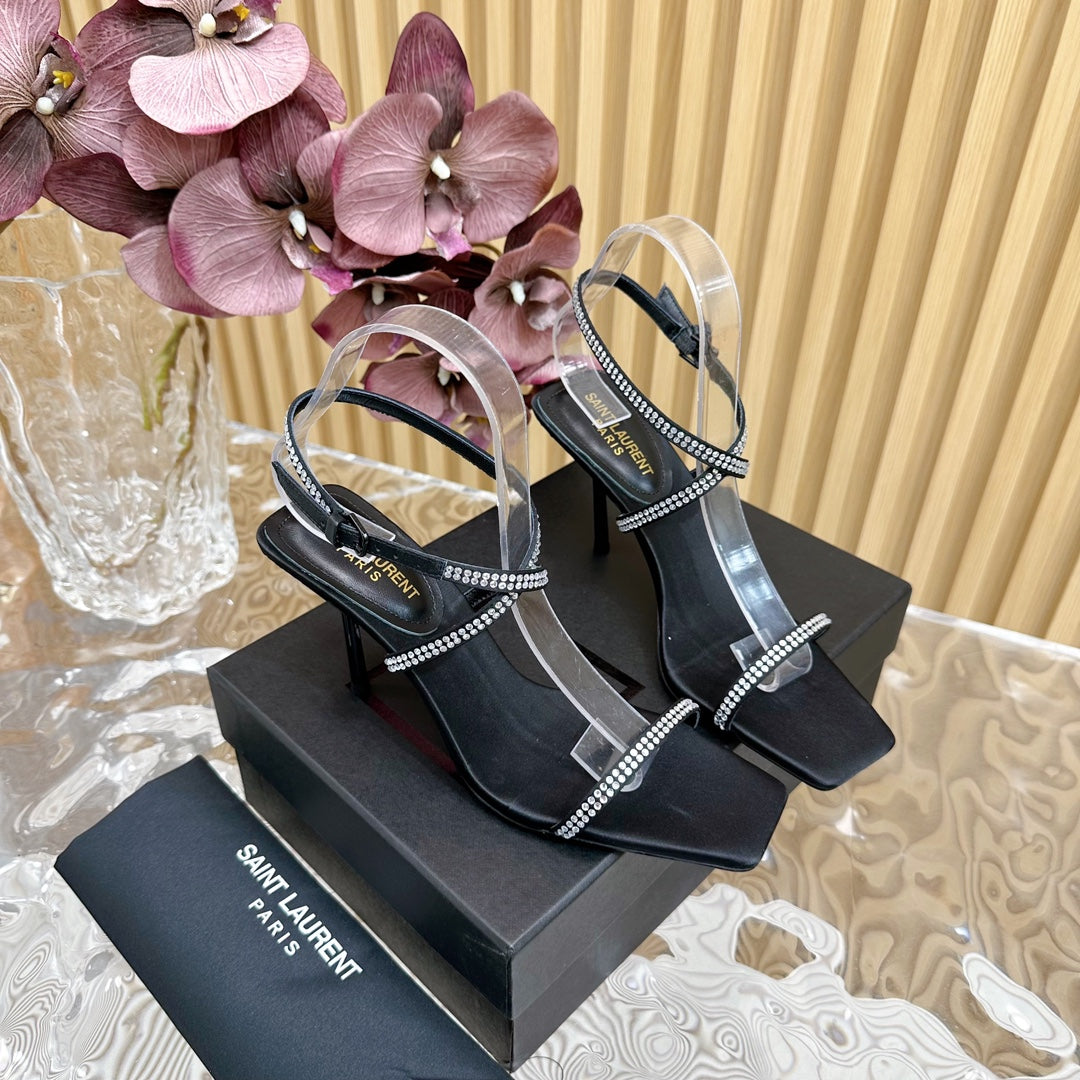 SL STRAP WHITE CRYSTAL HIGH SANDAL BLACK SATIN