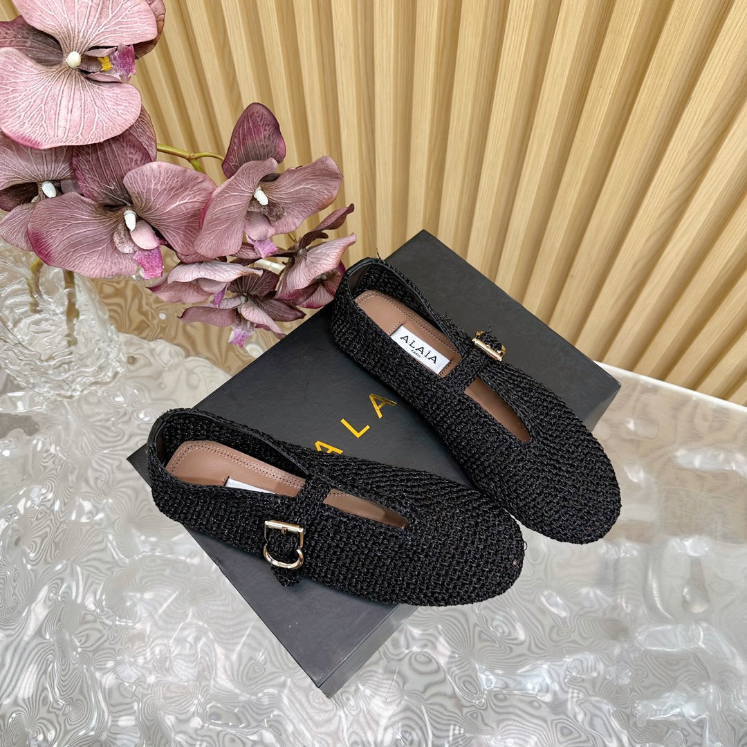 Alaia Ballet Flats In Black Stretch Woven Sedge 102276