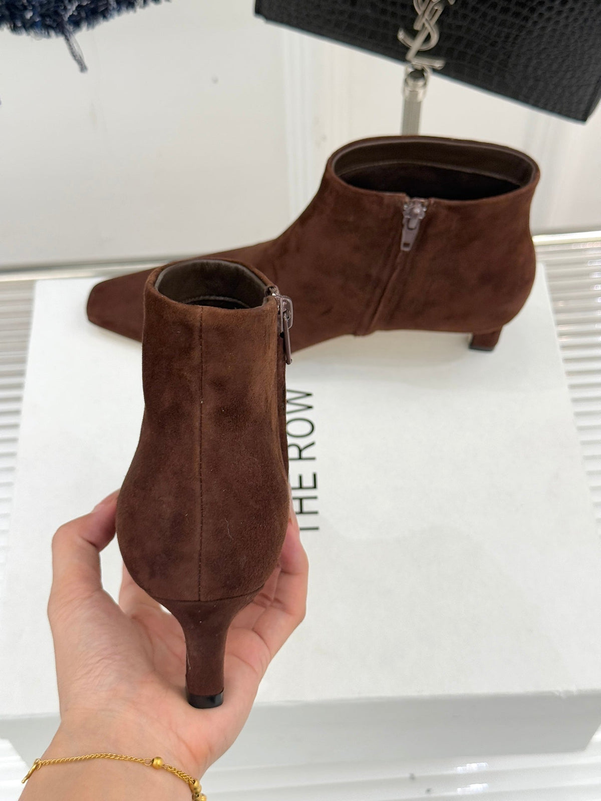 The Row 2025 Square Toe Kitten Heel Ankle Boot Brown Suede 572052