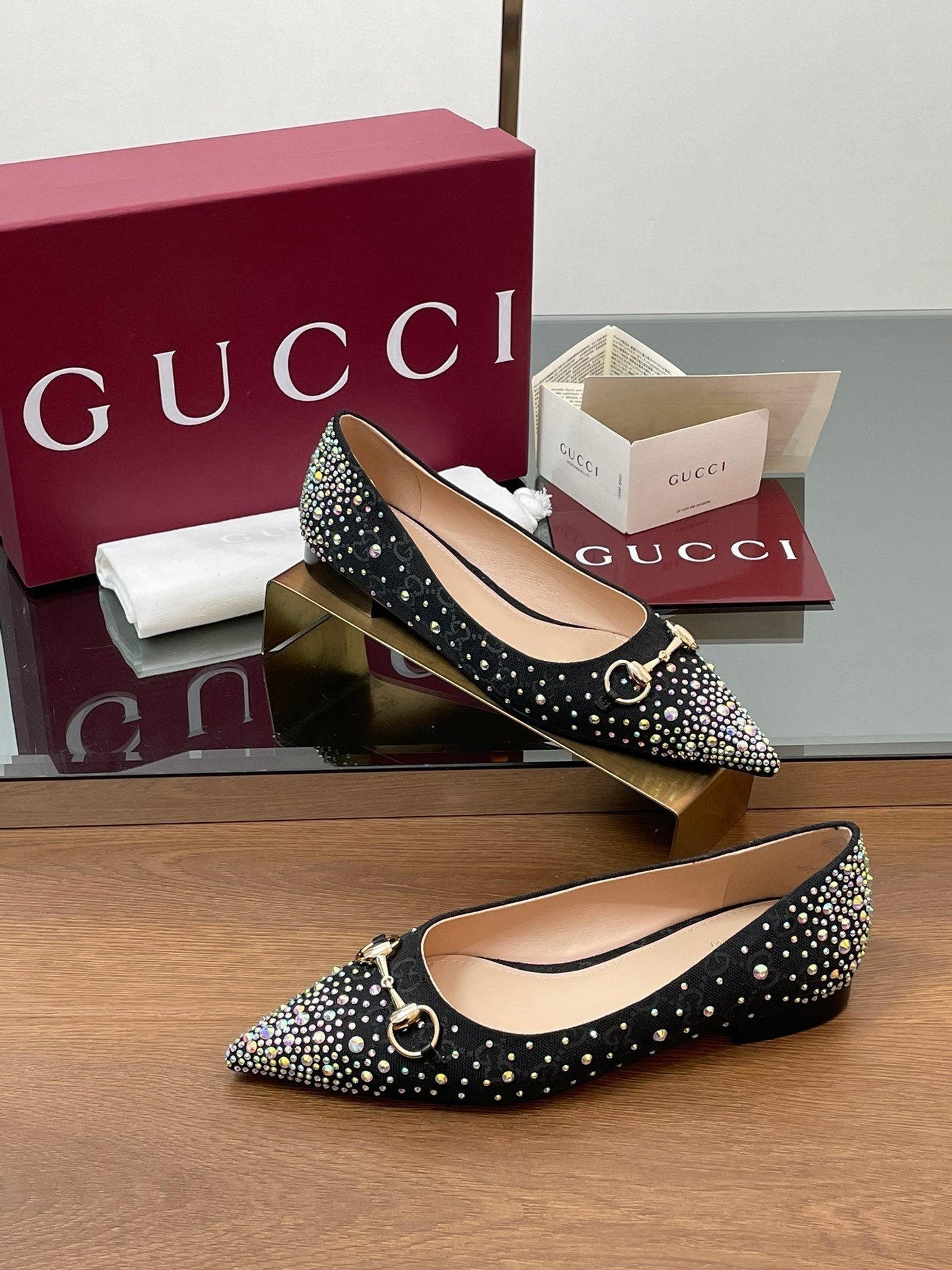 GG Horsebit Ballet Flat Black Ebony Monogram Canvas Crystal-Embellished