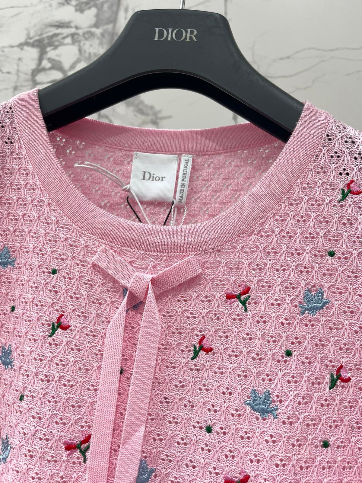Dior 2026 Embroidered Bow Knit Short-sleeved Top Pink Cotton 714725