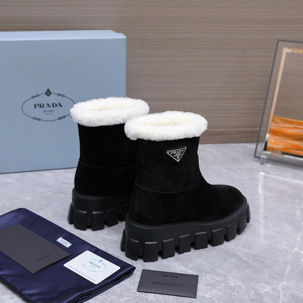 Prada 2026 Platform Ankle Boots 65mm Suede Wool 170757