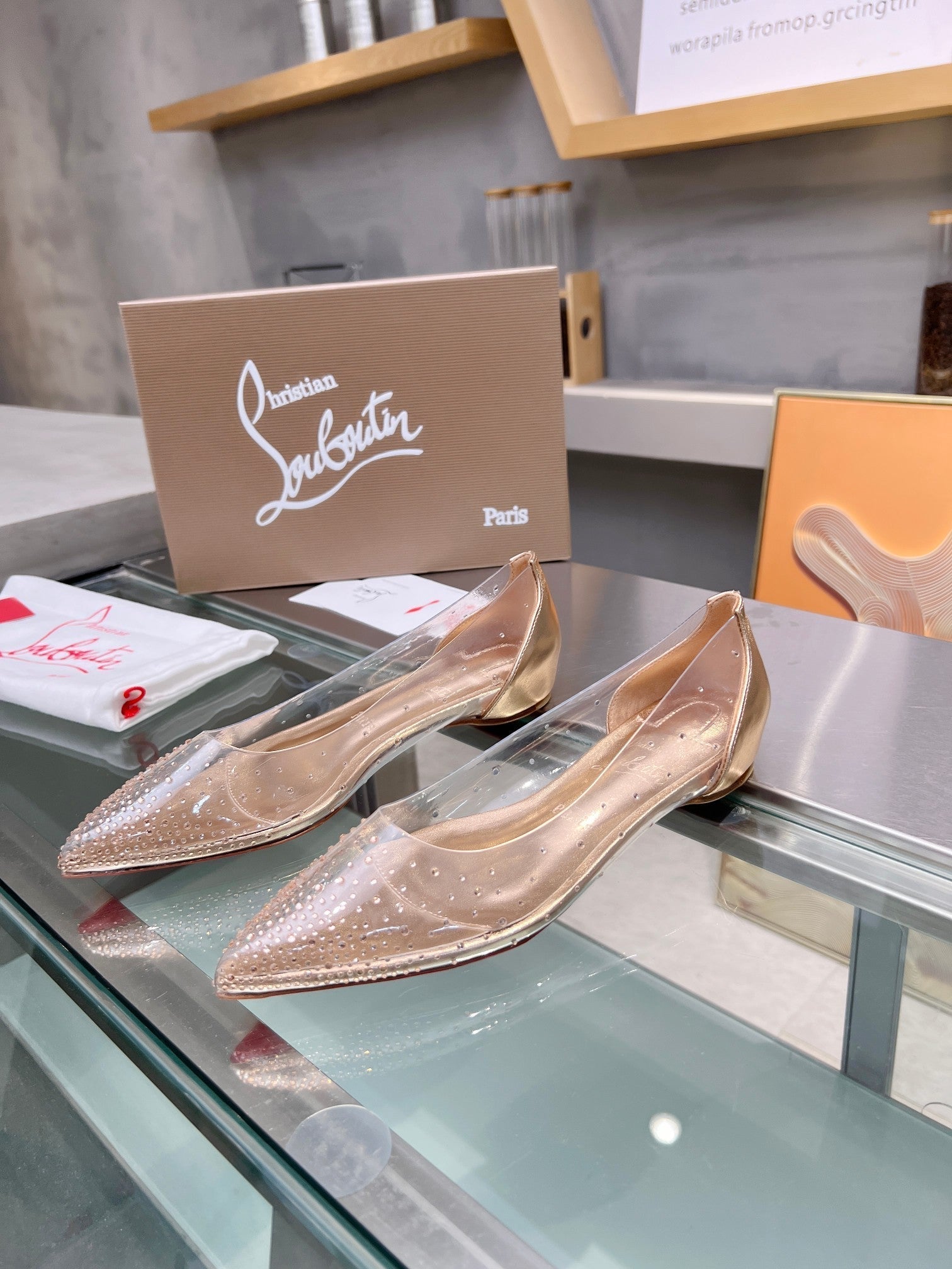 CL Degrastrass Flats Silver PVC and Strass Light Peach