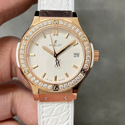Hublot Classic Fusion Rose Gold Diamonds 33mm Watch White Leather Strap