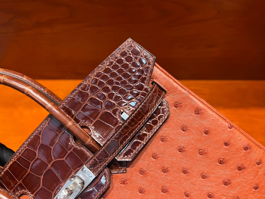 High-end Hermes 2026 Birkin 25cm Brick Red Crocodile/Ostrich Leather