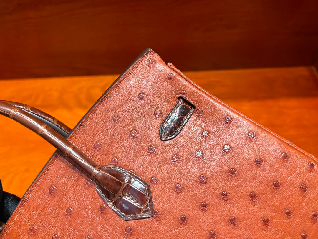 High-end Hermes 2026 Birkin 25cm Brick Red Crocodile/Ostrich Leather