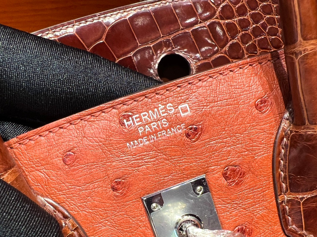 High-end Hermes 2026 Birkin 25cm Brick Red Crocodile/Ostrich Leather