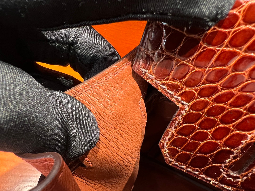 High-end Hermes 2026 Birkin 25cm Brick Red Crocodile/Ostrich Leather