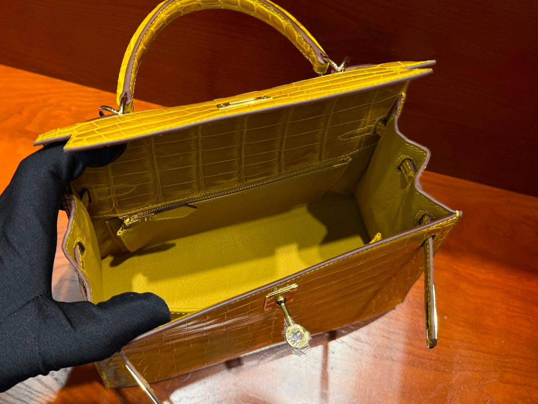 High-end Hermes 2026 Kelly Bag 25cm Bright Yellow Crocodile Leather