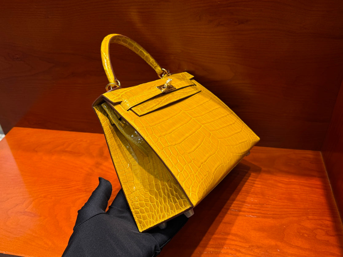High-end Hermes 2026 Kelly Bag 25cm Bright Yellow Crocodile Leather