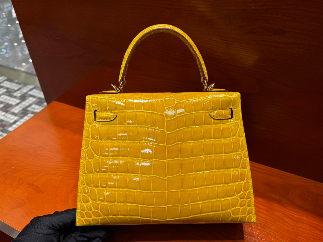 High-end Hermes 2026 Kelly Bag 25cm Bright Yellow Crocodile Leather