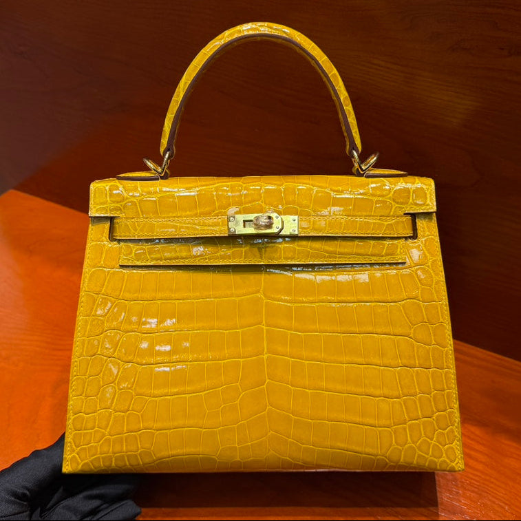 High-end Hermes 2026 Kelly Bag 25cm Bright Yellow Crocodile Leather