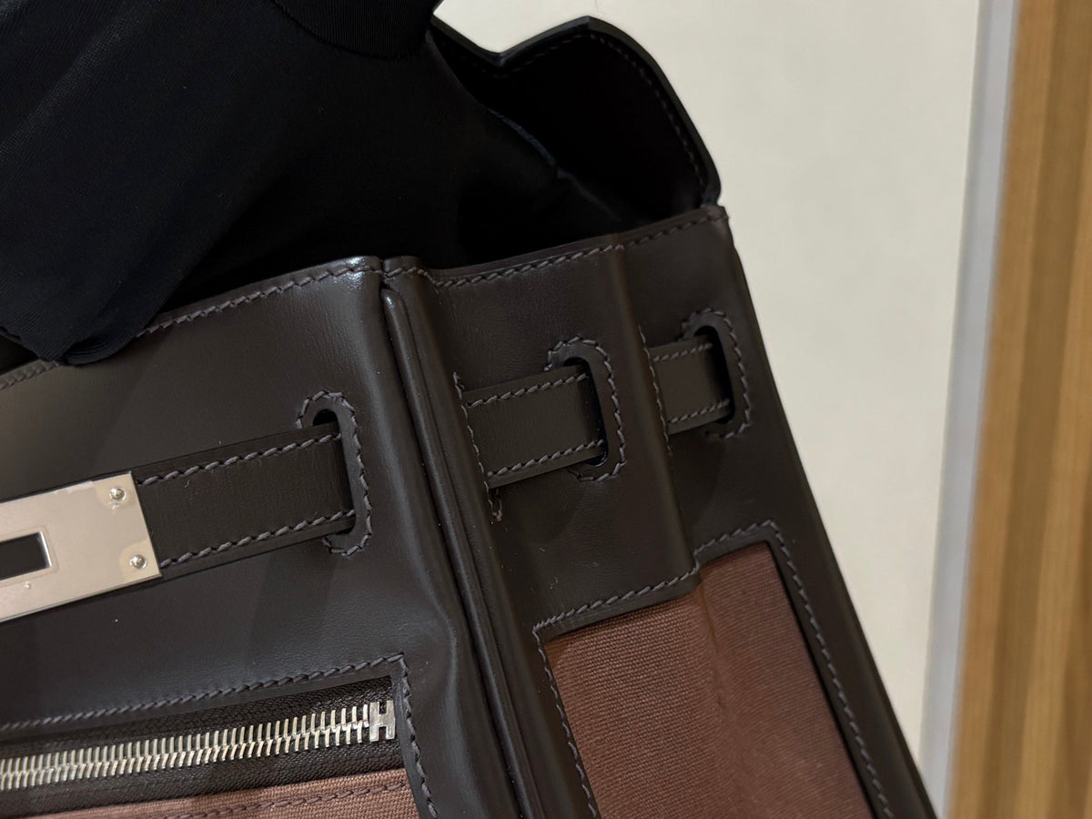 High-end Hermes 2026 Kelly Lakis 32 Bag Black Brown Box Leather And Canvas