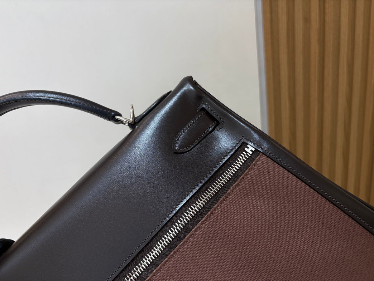 High-end Hermes 2026 Kelly Lakis 32 Bag Black Brown Box Leather And Canvas