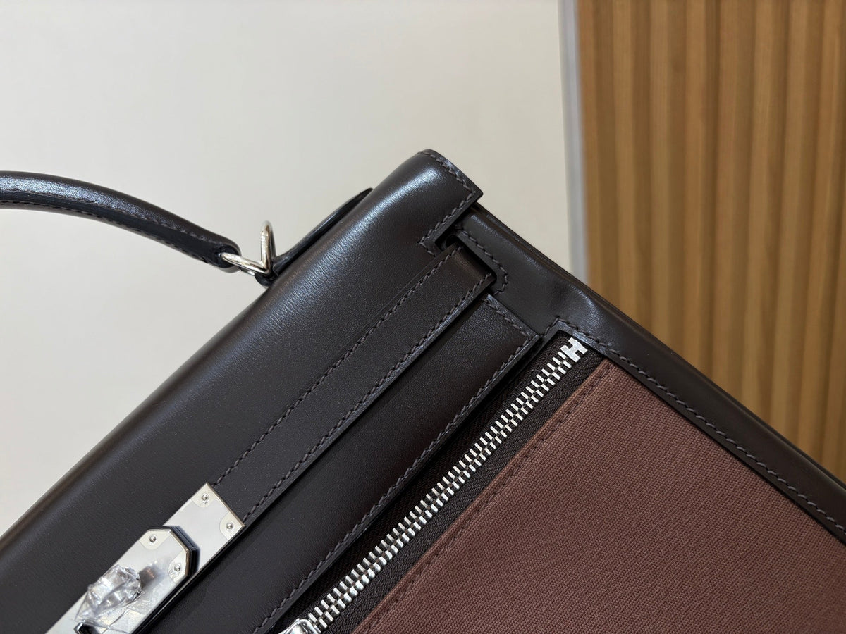 High-end Hermes 2026 Kelly Lakis 32 Bag Black Brown Box Leather And Canvas