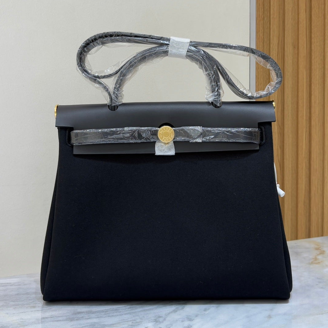 High-end Hermes 2026 Herbag Zip 31cm Black Hunter Leather And Canvas